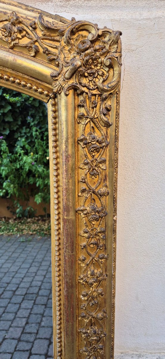 Miroir ancien doré du XIXe siècle avec couronnement en arcade-photo-3