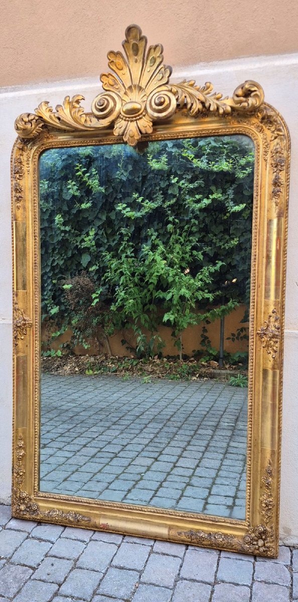 Large Antique Gilded Mirror From The 19th Century With A Cornice-photo-4