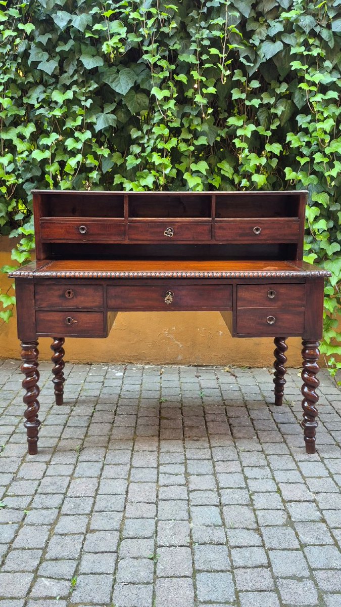 Bureau ancien en acajou avec rehausse et tirettes-photo-2