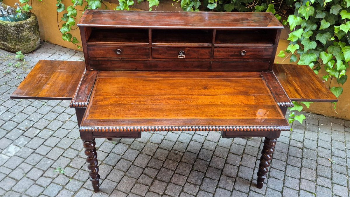 Bureau ancien en acajou avec rehausse et tirettes-photo-4