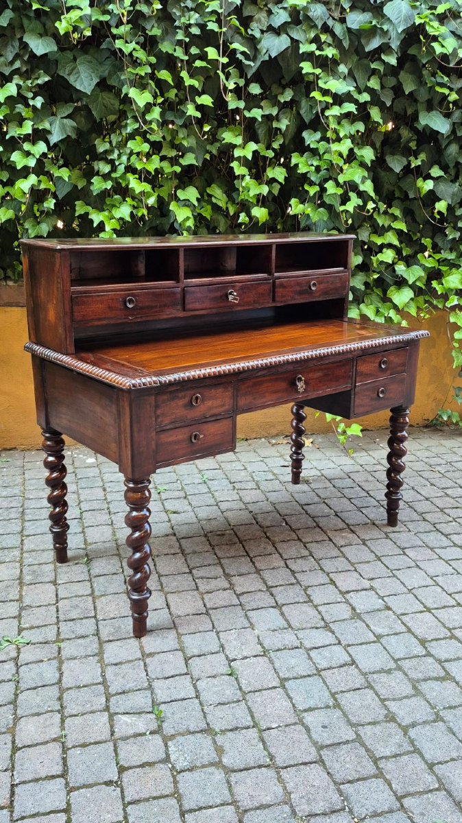Bureau ancien en acajou avec rehausse et tirettes-photo-2