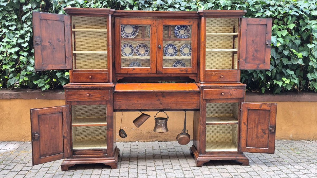 Buffet ancien à deux corps du XIXe siècle avec étagère à vaisselle en pont.-photo-4
