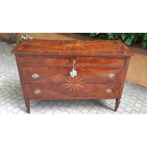 Commode ancienne Louis XVI du XVIIIe siècle, plaquée et marquetée