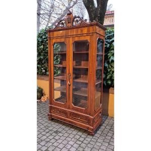 Bibliothèque vitrine ancienne de style Louis-Philippe en placage de noyer