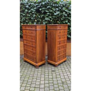 Pair Of Antique Lombard Weekly Chests In Walnut Veneer