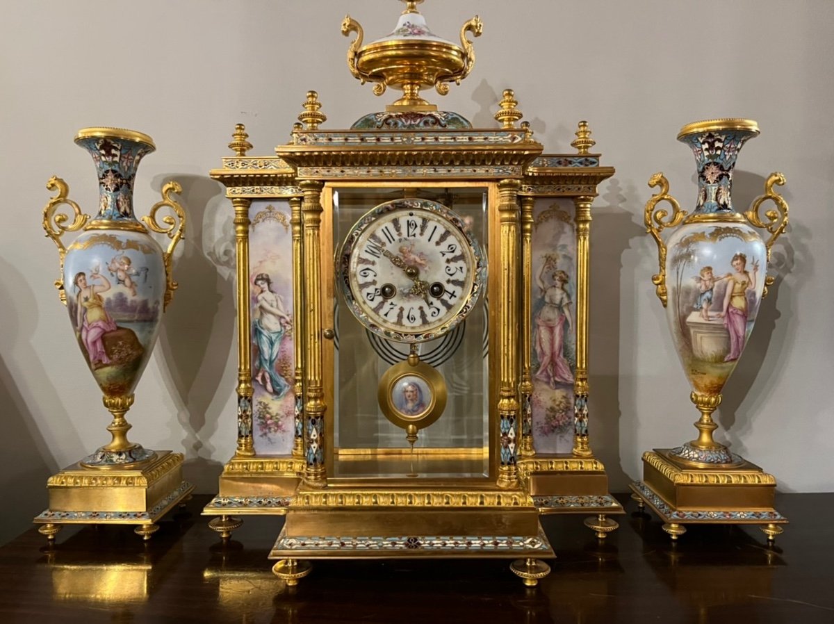 Cage Clock In Bronze, Porcelain And Cloisonné Russian Style, Signed 19th Century Early 20th