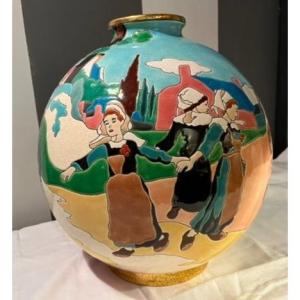 Grand Vase Boule en céramique de Longwy Hommage à Paul Gauguin 33/50 Dimension 38cm Date 2003