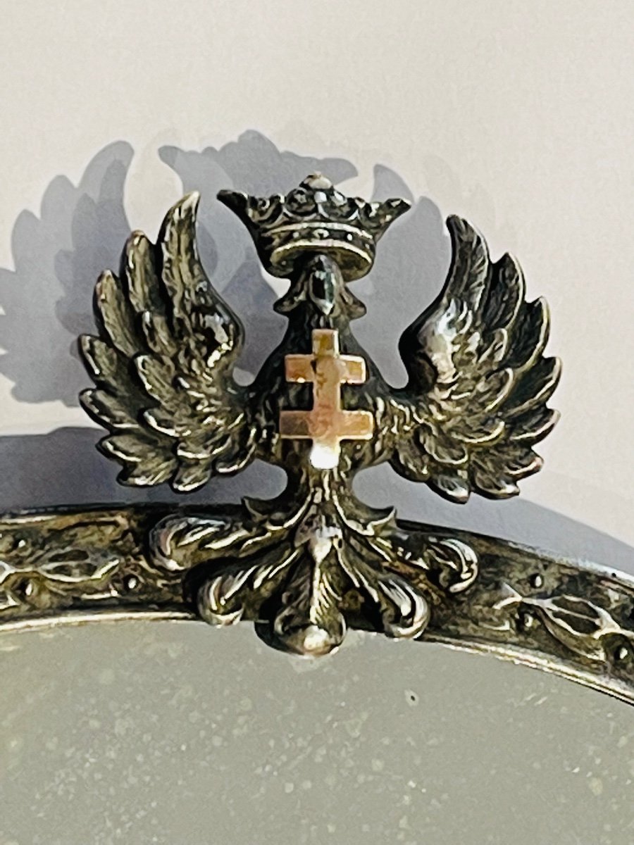 Face à Main Miroir Style Empire  Bronze Argenté Aigle Croix De Lorraine -photo-2