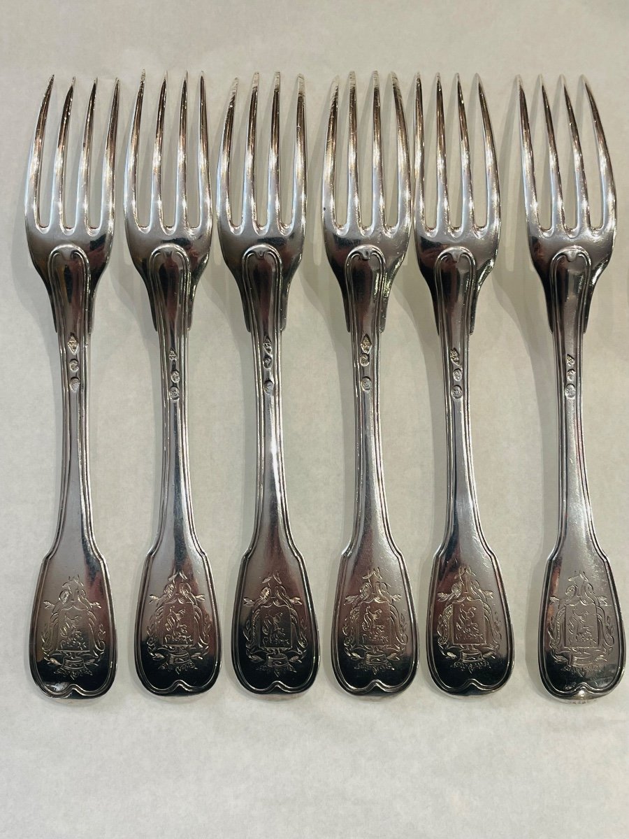 6 Table Cutlery With Crown And Coat Of Arms Late 18th Early 19th Silver 1st Coq Au Filet-photo-4