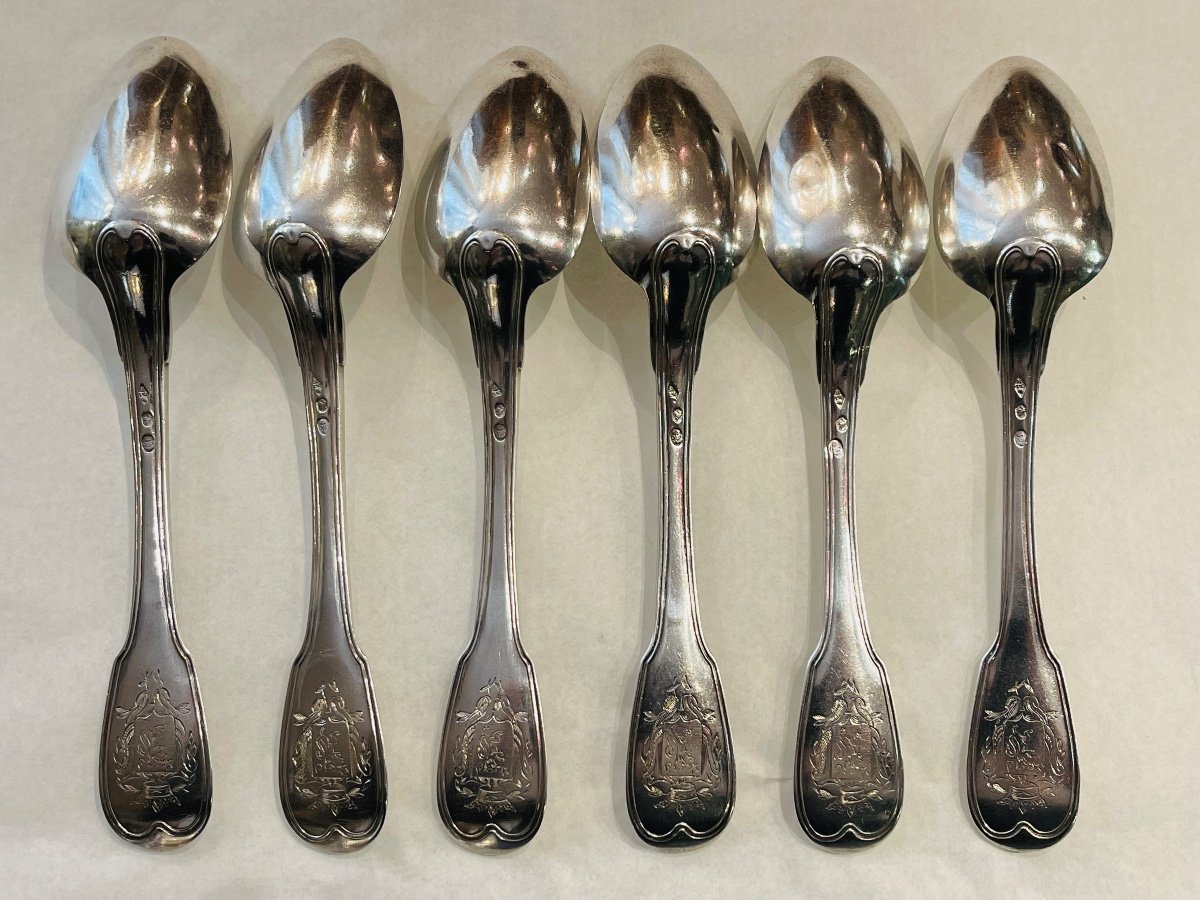 6 Table Cutlery With Crown And Coat Of Arms Late 18th Early 19th Silver 1st Coq Au Filet-photo-2