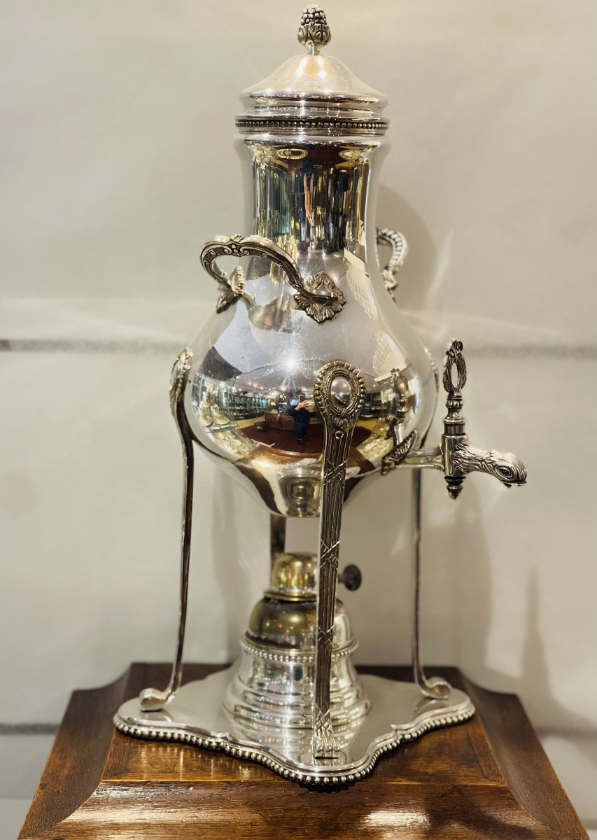 Samovar Or Tea Fountain In Silver Metal Louis XVI Style Pearls Roux And Marquiand Lyon-photo-2