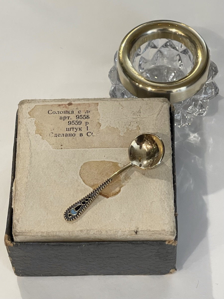 Russian Silver Salt Cellar And Spoon With Enamel -photo-3