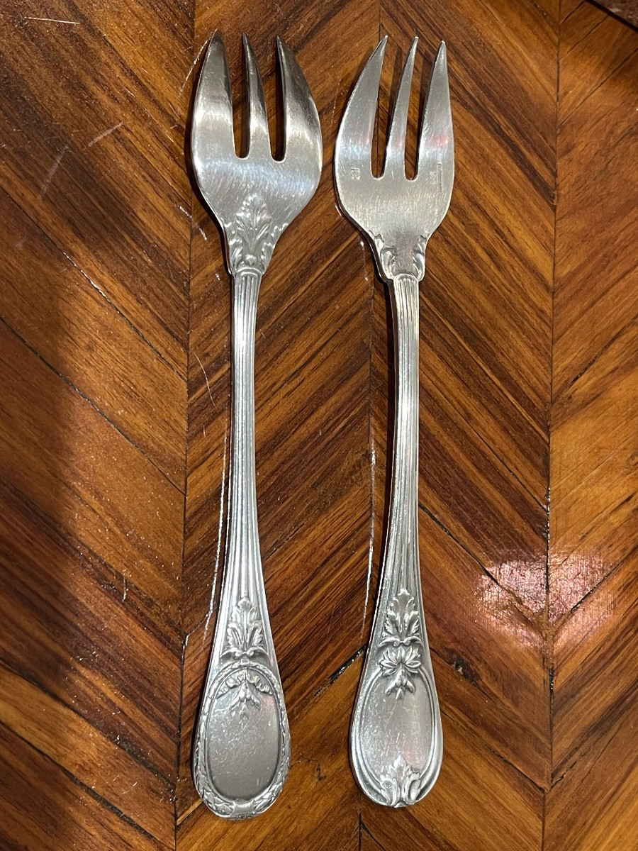 12 Christofle Trianon Silver-plated Oyster Forks-photo-2