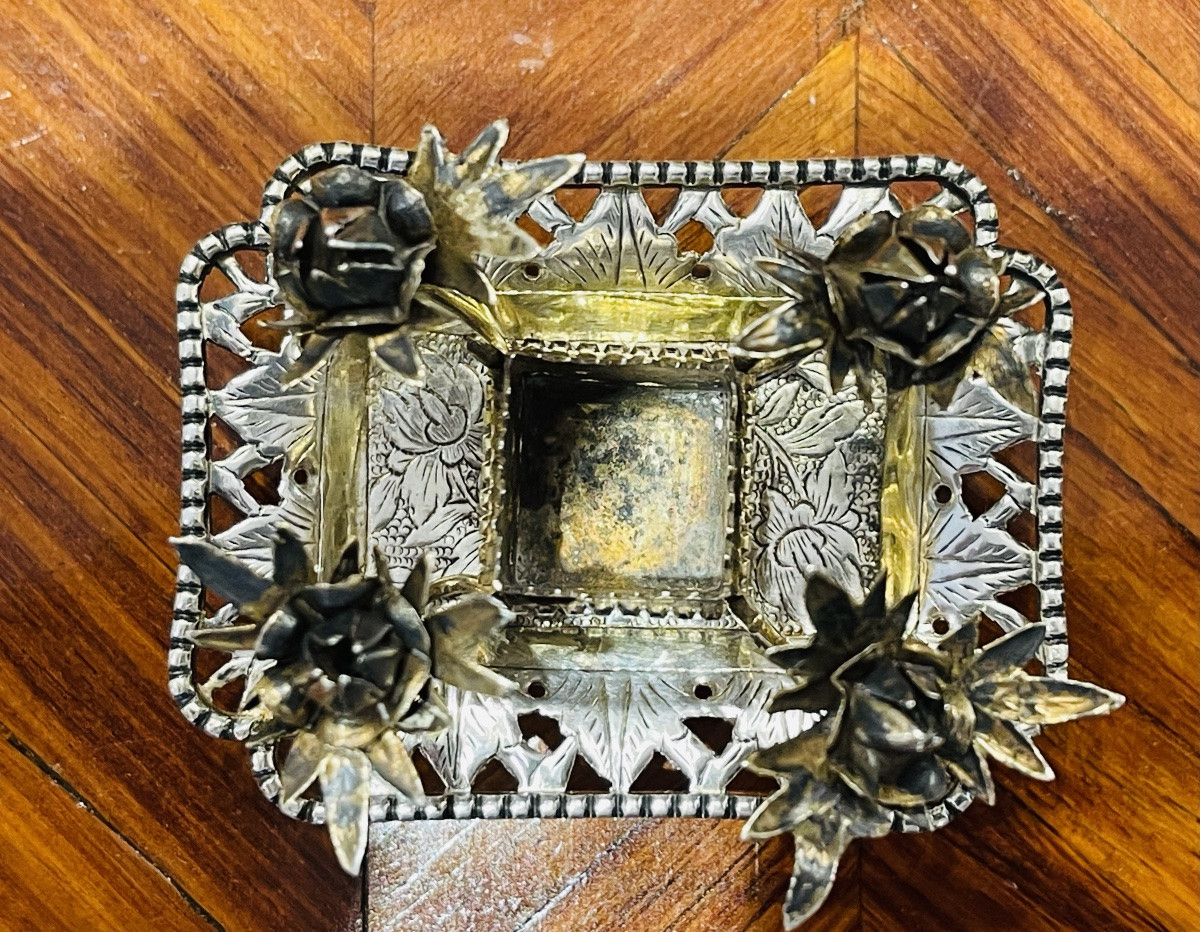 Flacon miniature sur plateau et fleurs lotus argent Chine -photo-3