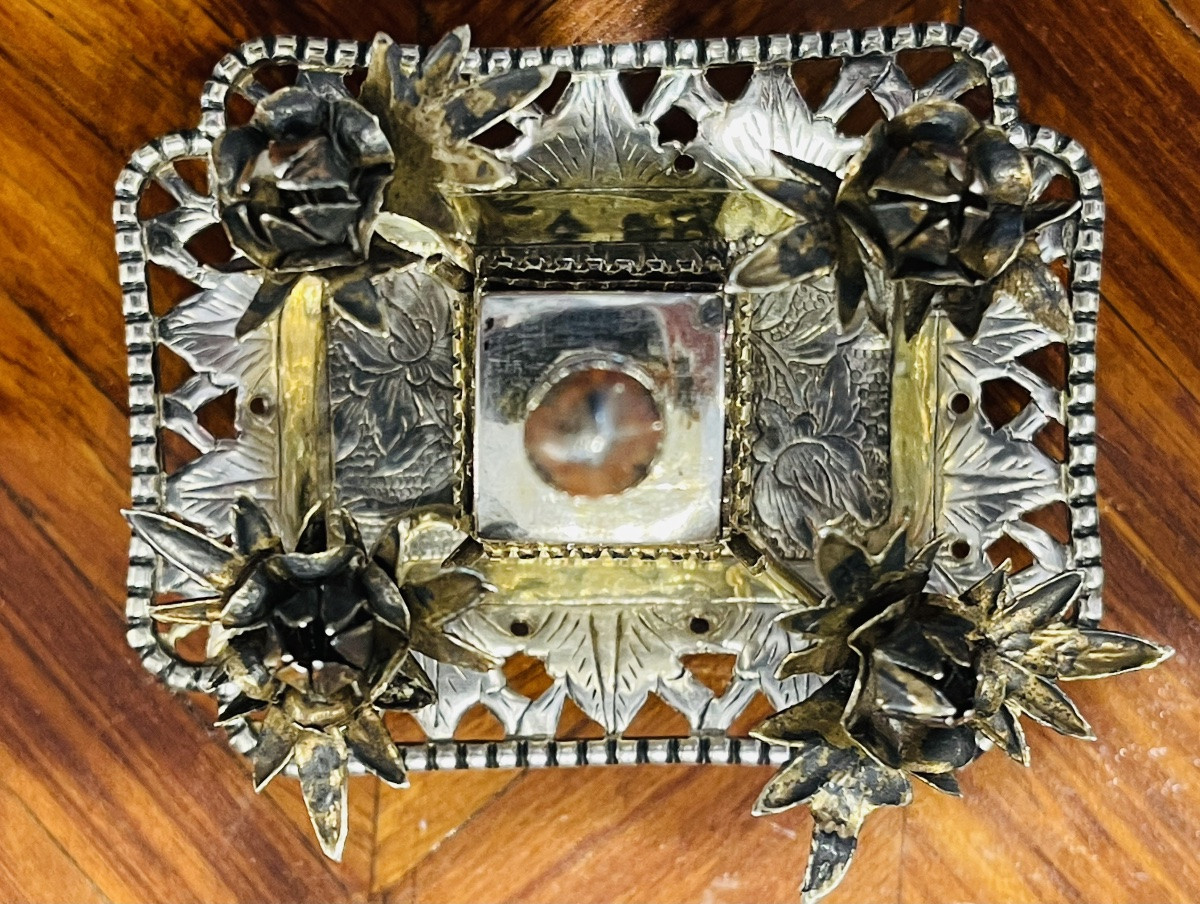 Flacon miniature sur plateau et fleurs lotus argent Chine -photo-5