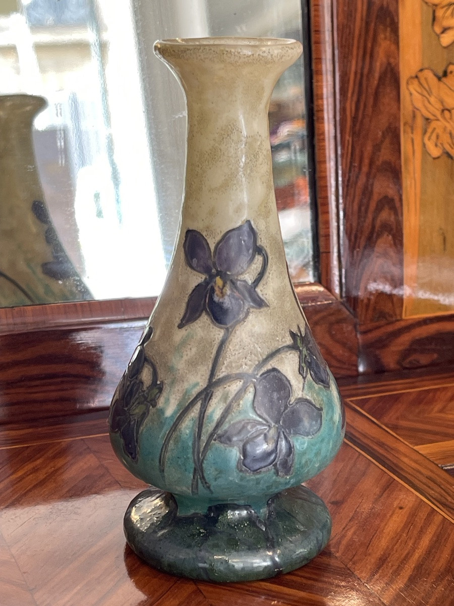 Legras Glass Vase Decorated With Violets, Emerald Art Nouveau Series-photo-3