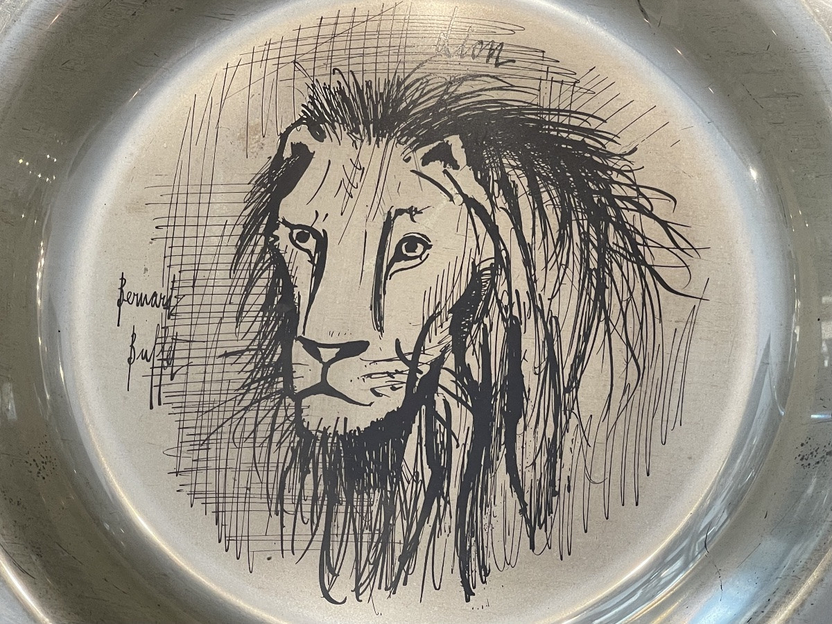 Solid Silver Plate With Engraved Lion, 1976 Model, After Bernard Buffet, In Frame-photo-3