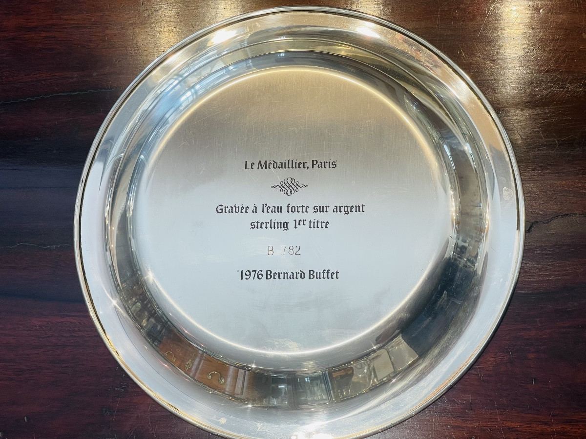 Solid Silver Plate With Engraved Lion, 1976 Model, After Bernard Buffet, In Frame-photo-3