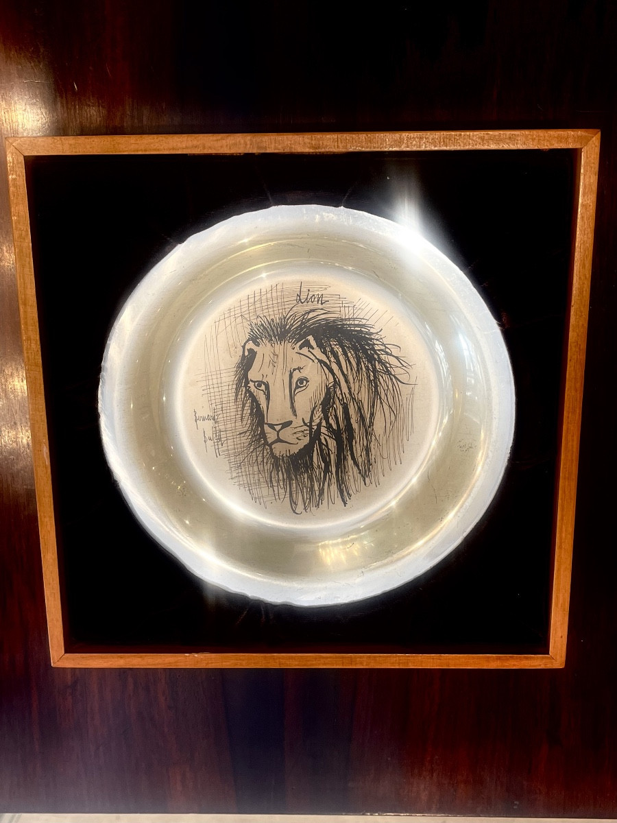 Solid Silver Plate With Engraved Lion, 1976 Model, After Bernard Buffet, In Frame
