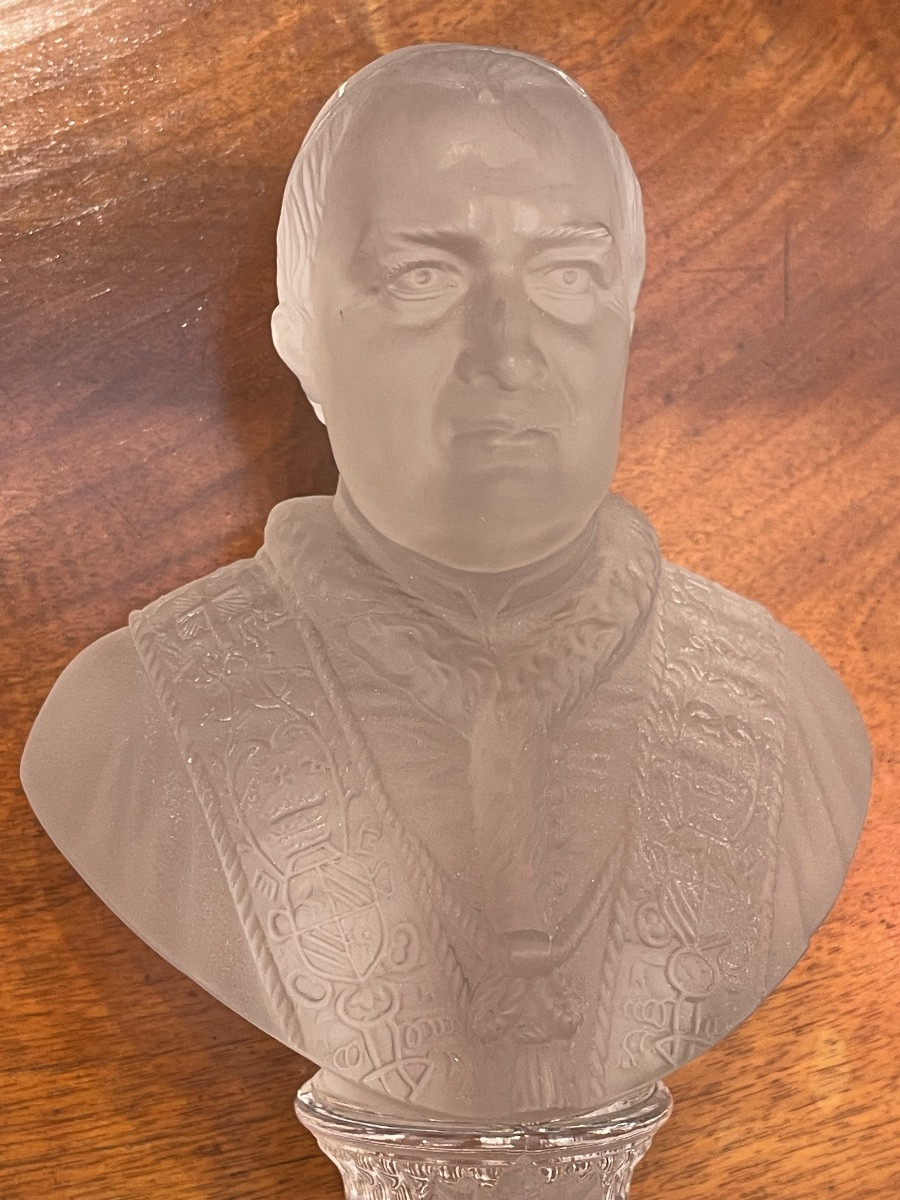 Pope Pius IX Bust In Matte And Shiny Crystal On A Baccarat Brass Base-photo-2