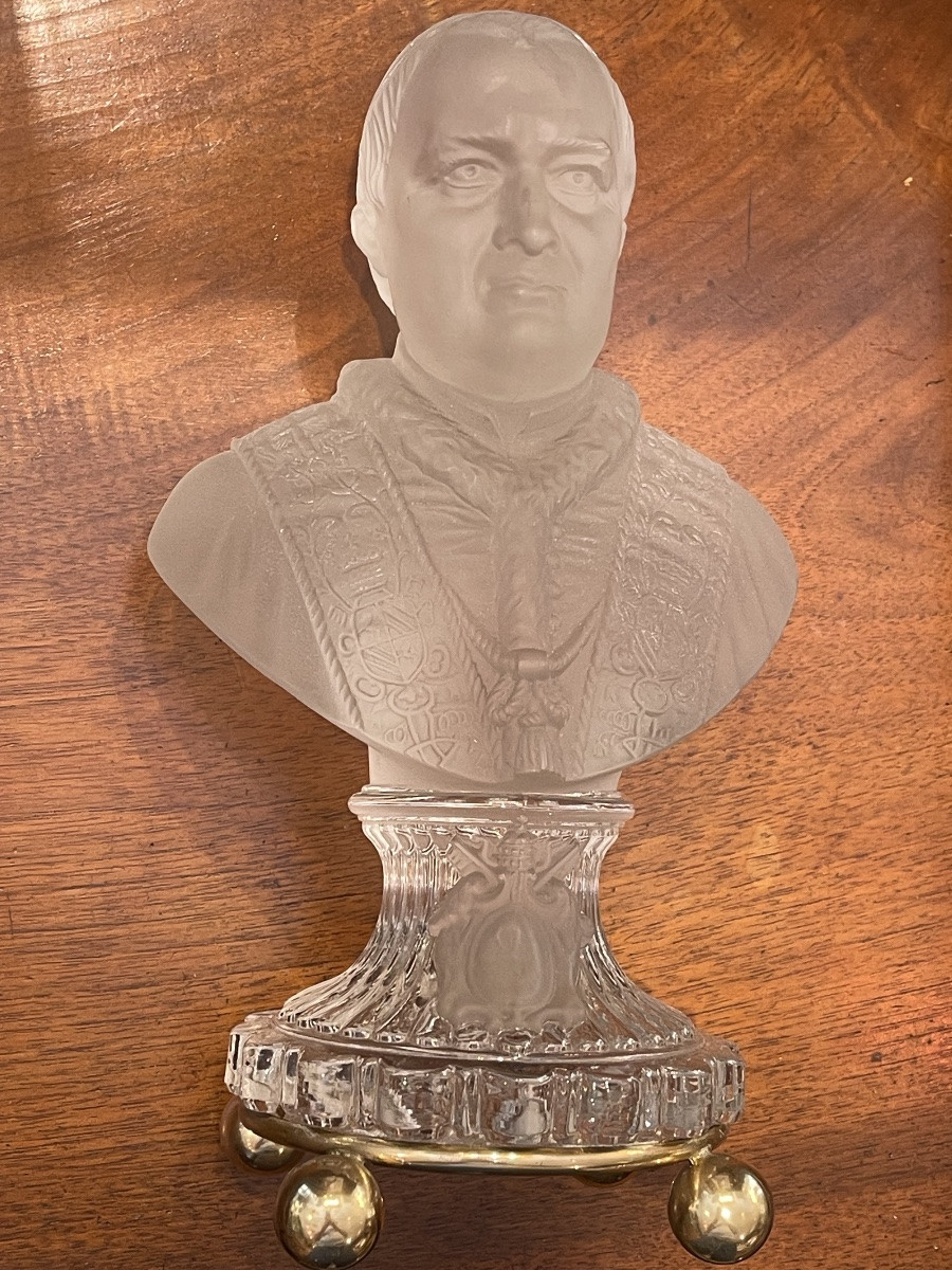 Pope Pius IX Bust In Matte And Shiny Crystal On A Baccarat Brass Base-photo-3