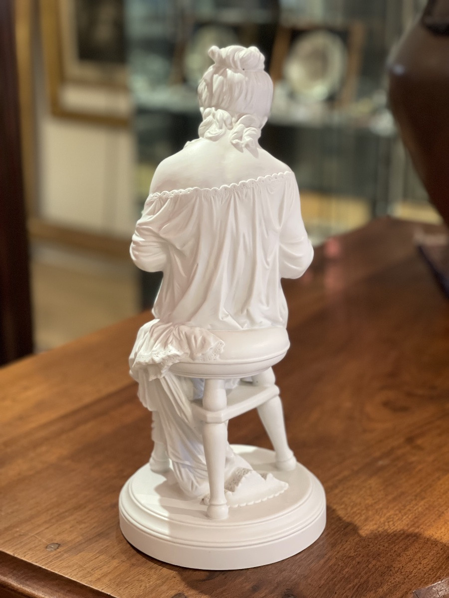 Statue en biscuit 1900  hauteur 39 cm jeune fille à la lecture et au tricot-photo-4