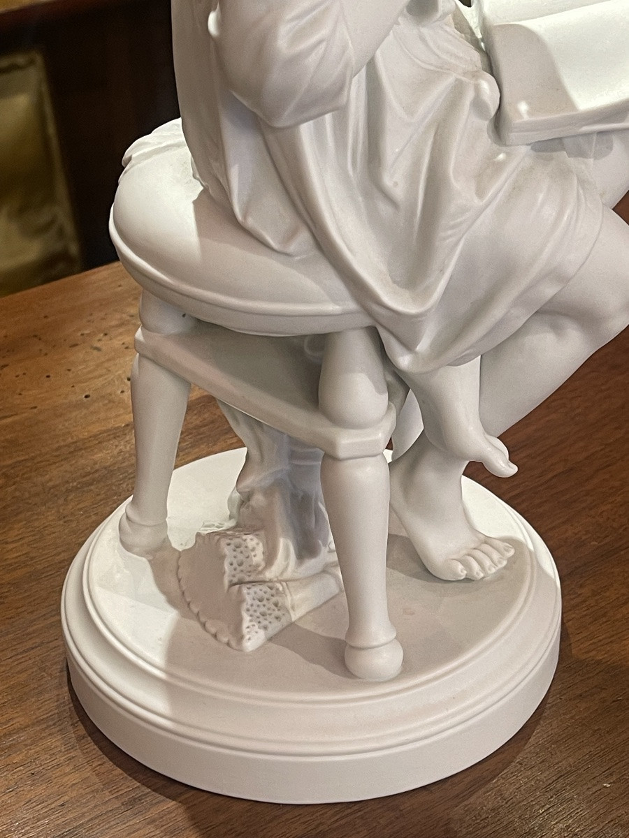 Statue en biscuit 1900  hauteur 39 cm jeune fille à la lecture et au tricot-photo-5