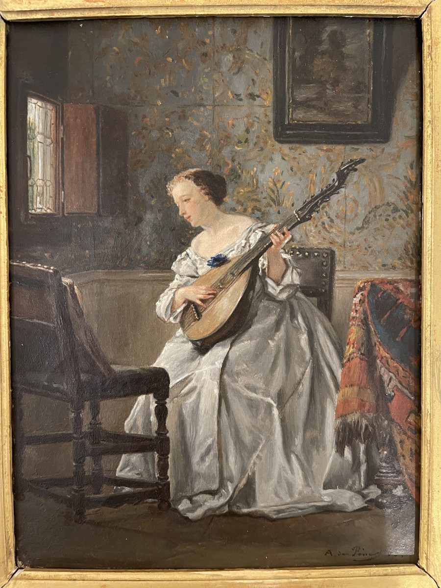 Portrait Of An Interior Scene, Oil On Canvas, 19th Century, With A Gilt Frame, Young Woman Playing The Lute-photo-2