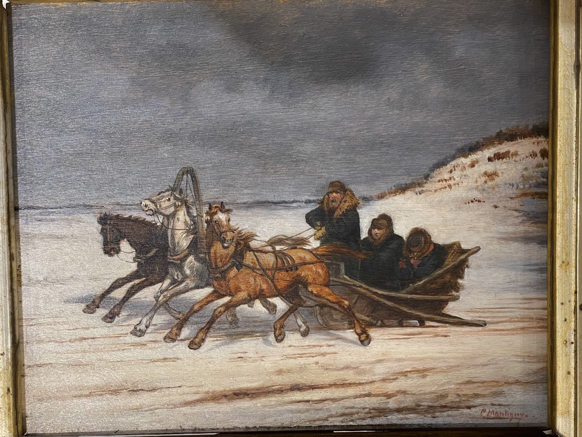 Oil Painting Of A Troika In A Snowy Landscape, Signed Montigny, Brussels, 1880, With A Gilt Frame -photo-2