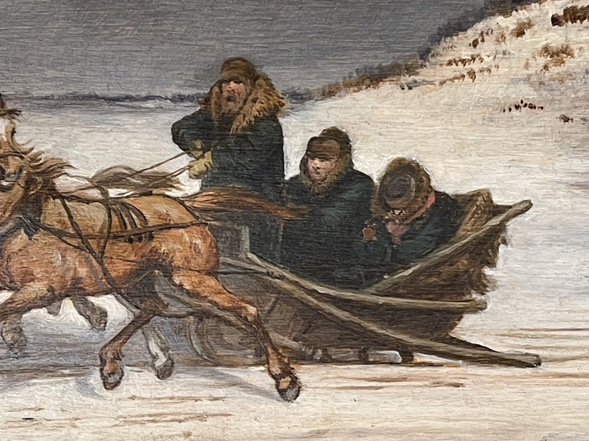 Oil Painting Of A Troika In A Snowy Landscape, Signed Montigny, Brussels, 1880, With A Gilt Frame -photo-1