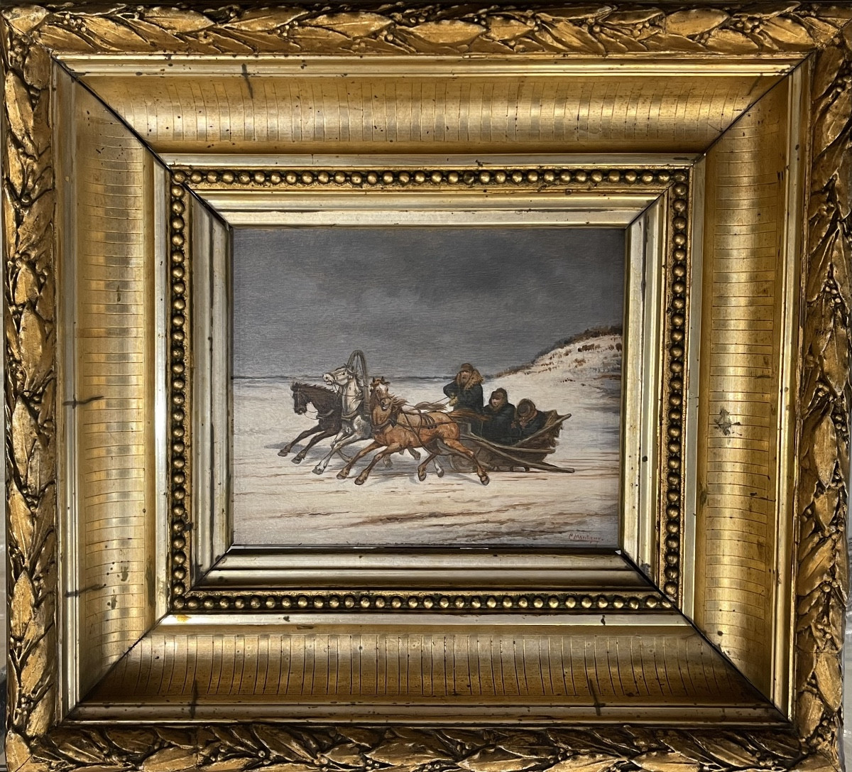 Oil Painting Of A Troika In A Snowy Landscape, Signed Montigny, Brussels, 1880, With A Gilt Frame 
