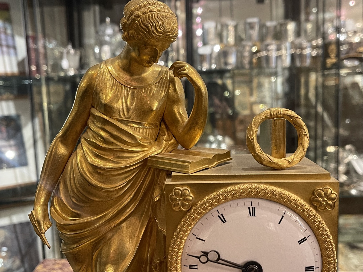 Pendule 1er Empire en bronze doré femme à la lecture-photo-2