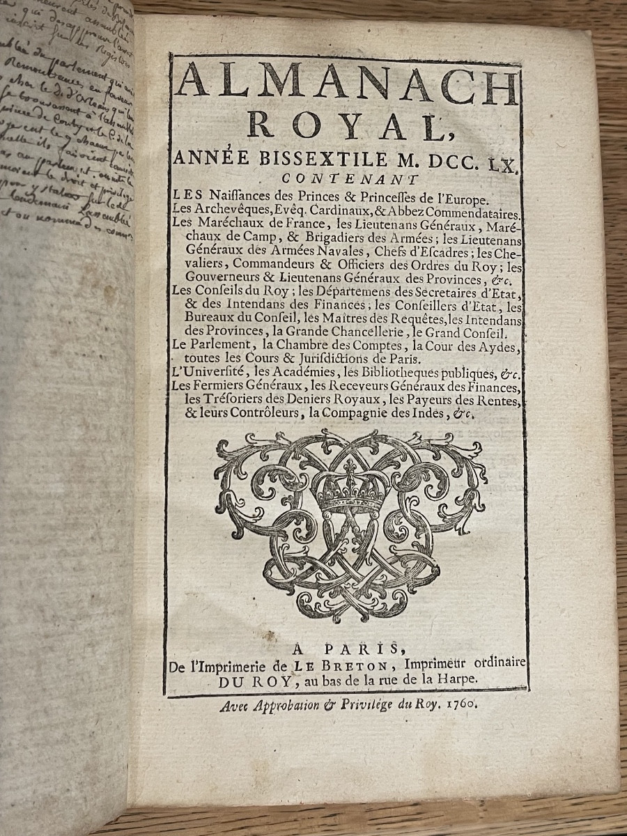 Royal Almanac, Year Vi, Estimated 1760, Spine With Fleur-de-lis, 1 Volume