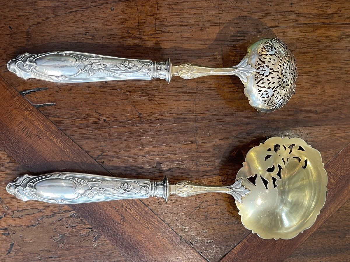 Strawberry Service With Sugar Spoon And Scoop, 1900, Art Nouveau, Minerva Silver-photo-1