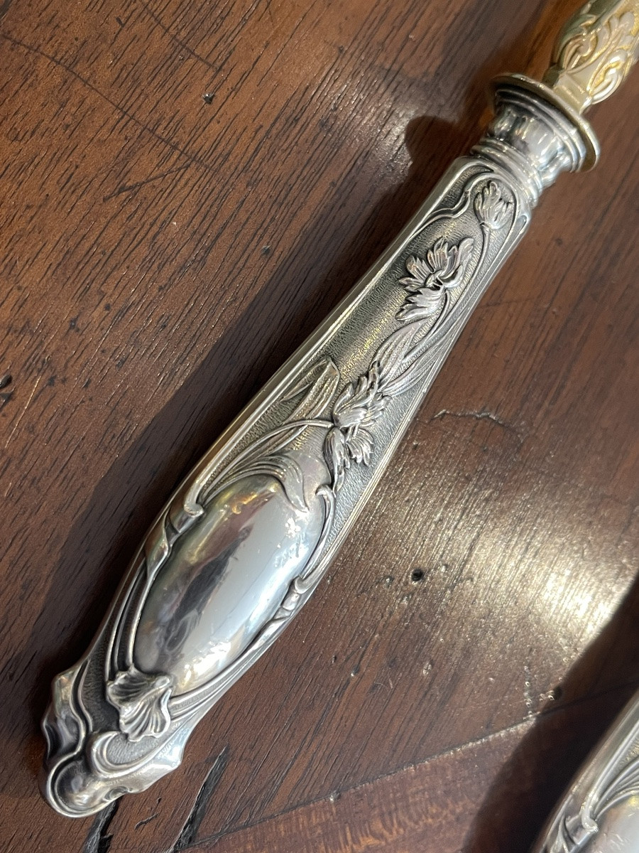 Strawberry Service With Sugar Spoon And Scoop, 1900, Art Nouveau, Minerva Silver-photo-3