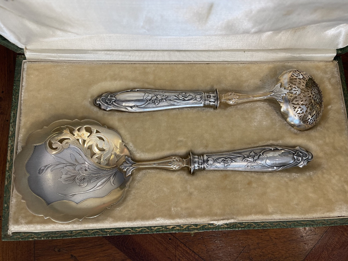 Strawberry Service With Sugar Spoon And Scoop, 1900, Art Nouveau, Minerva Silver-photo-4