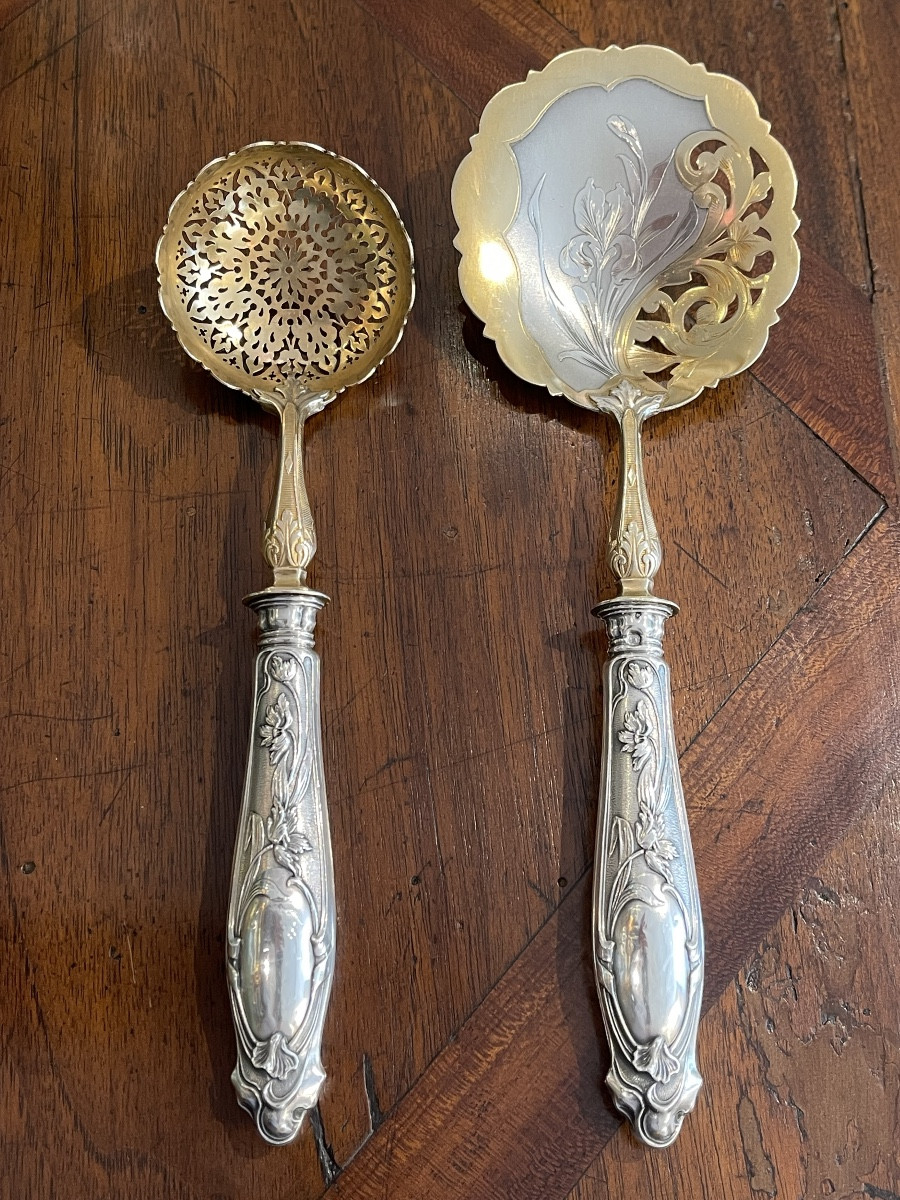 Strawberry Service With Sugar Spoon And Scoop, 1900, Art Nouveau, Minerva Silver