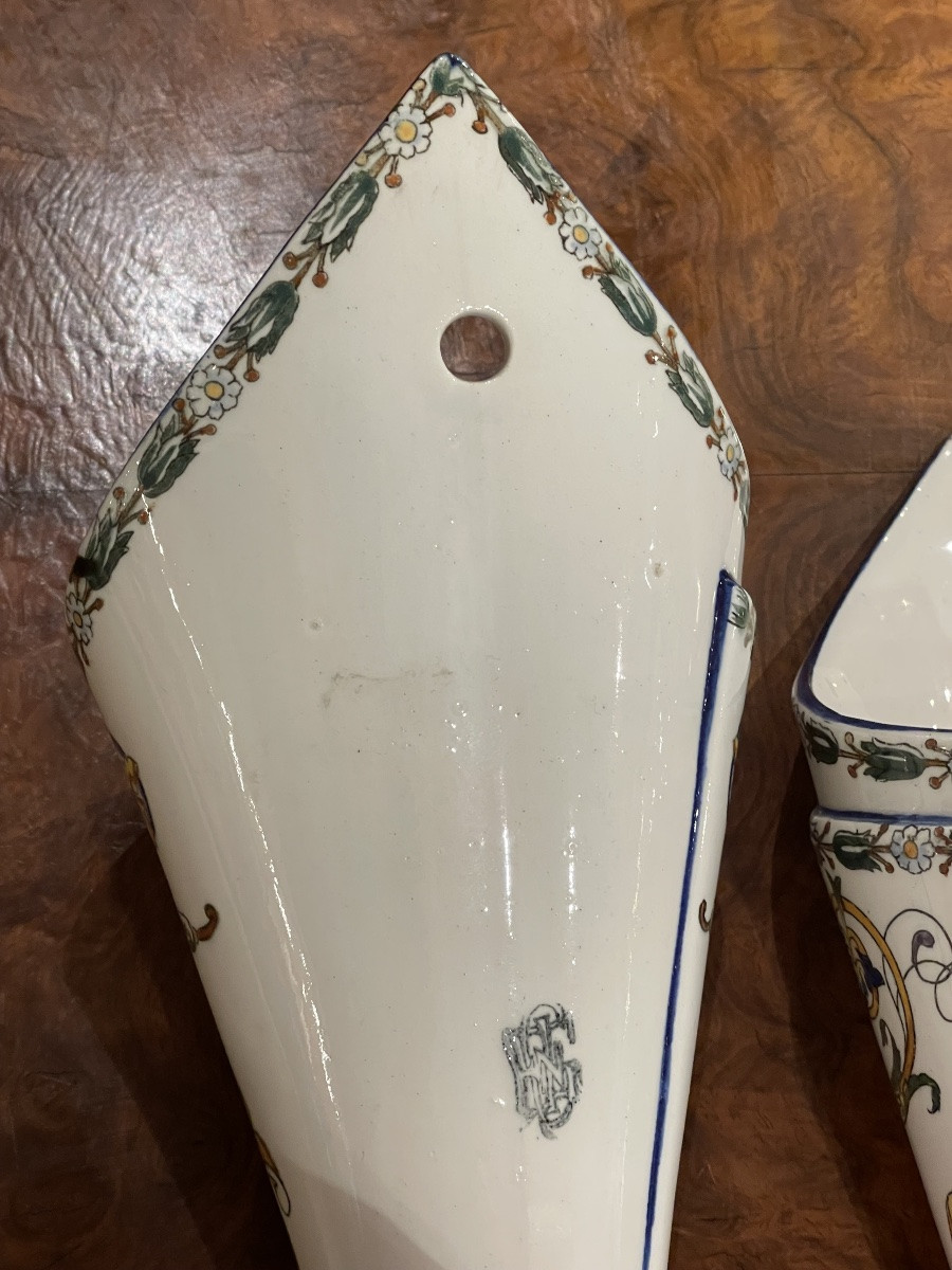 Pair Of Bouquetières Vases Gien Ceramics 19th C-photo-1