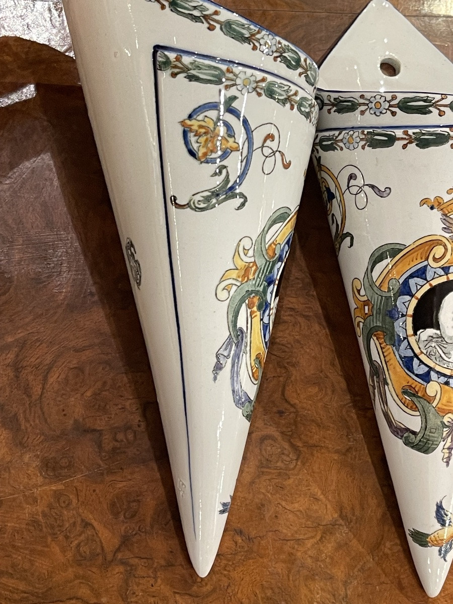 Pair Of Bouquetières Vases Gien Ceramics 19th C-photo-2