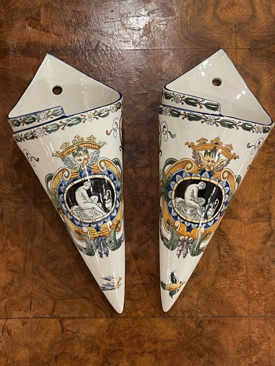 Pair Of Bouquetières Vases Gien Ceramics 19th C