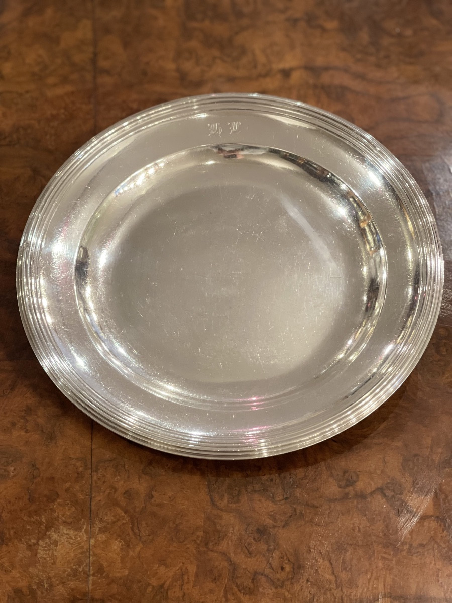 Plat rond vieillard argent XIX ème motif filets