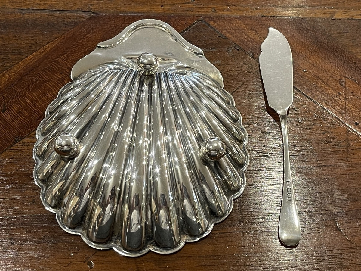 Butter Dish And Spreader Knife In Solid English Silver Case-photo-3