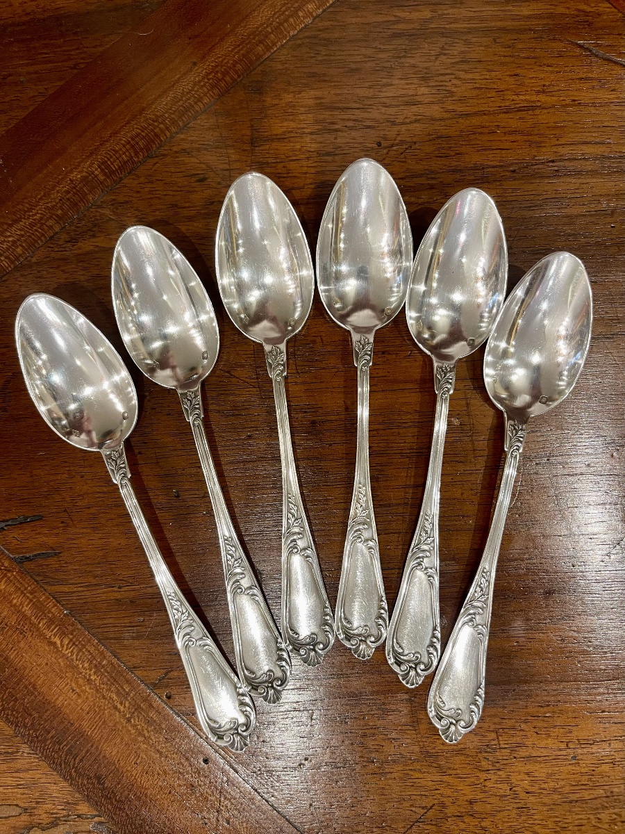 6 Small Spoons Louis XV Style Solid Silver Minerve