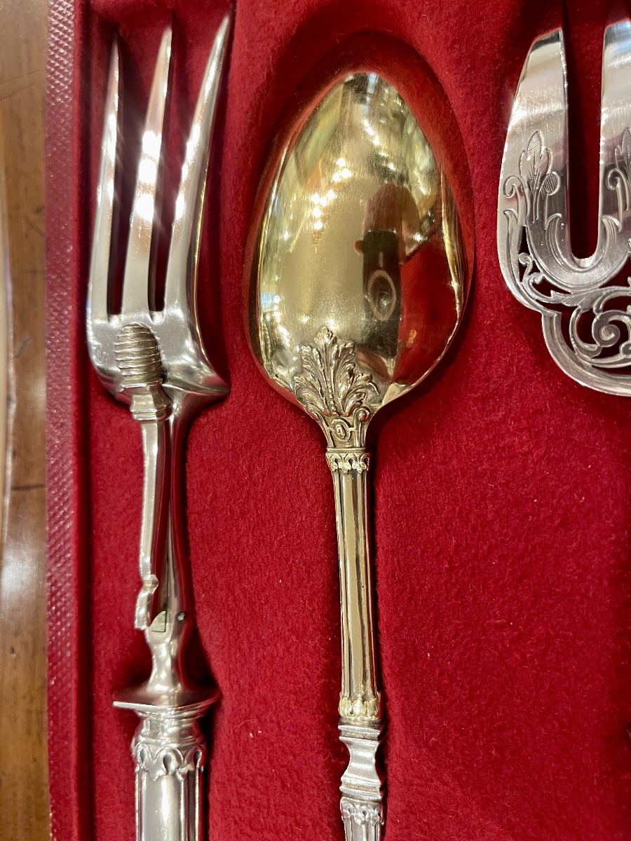 Box With 3 Pieces Of Cutlery For Serving, Fish, Stew And Carving. Solid Silver Minerve Goldsmith S-photo-2