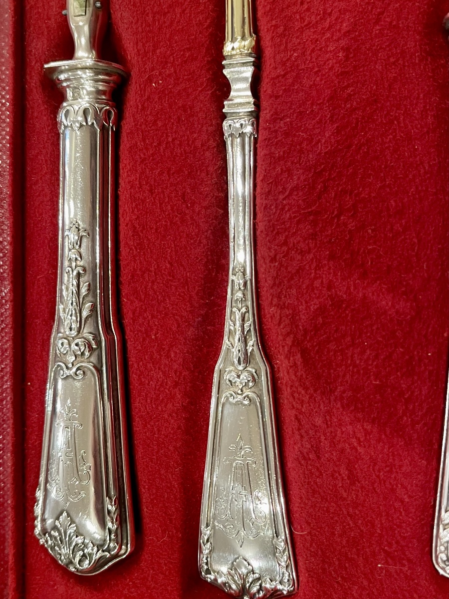 Box With 3 Pieces Of Cutlery For Serving, Fish, Stew And Carving. Solid Silver Minerve Goldsmith S-photo-7