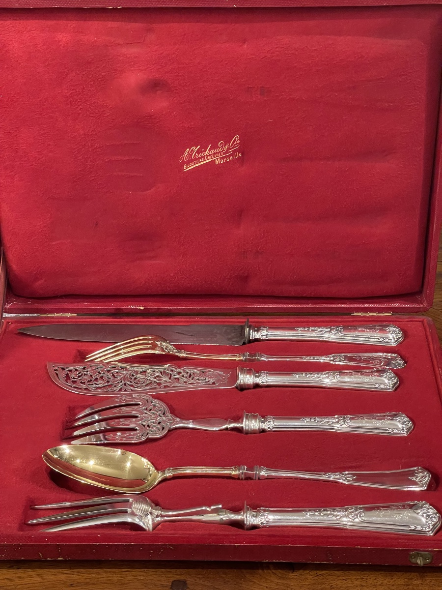 Box With 3 Pieces Of Cutlery For Serving, Fish, Stew And Carving. Solid Silver Minerve Goldsmith S
