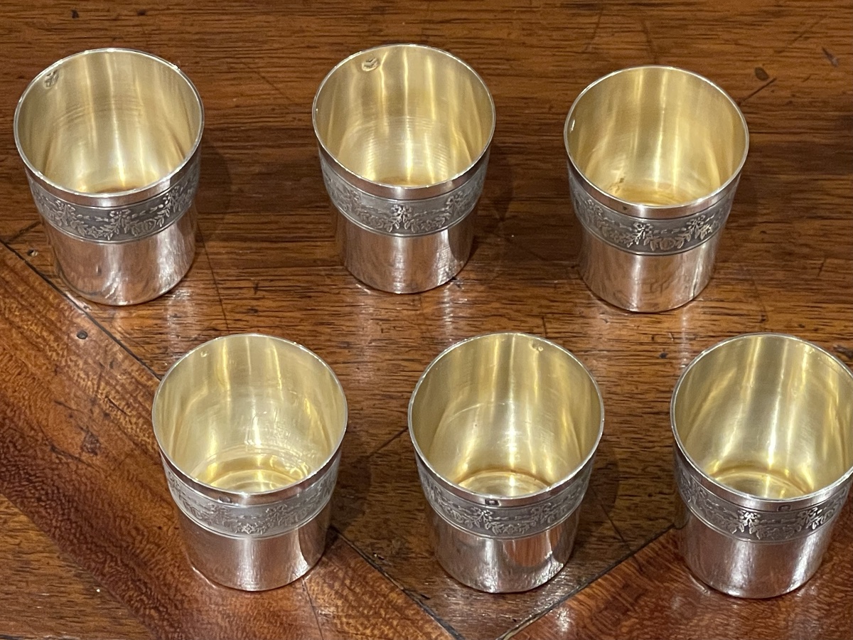 6 Goblets Timbales Or Liqueur Glasses Solid Silver Minerve-photo-4