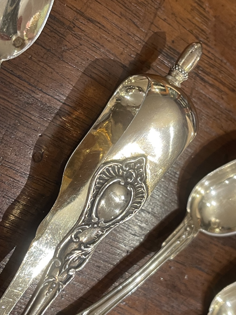 6 Tea Or Coffee Spoons With Sugar Tongs Silver Vermeil Minerve-photo-3