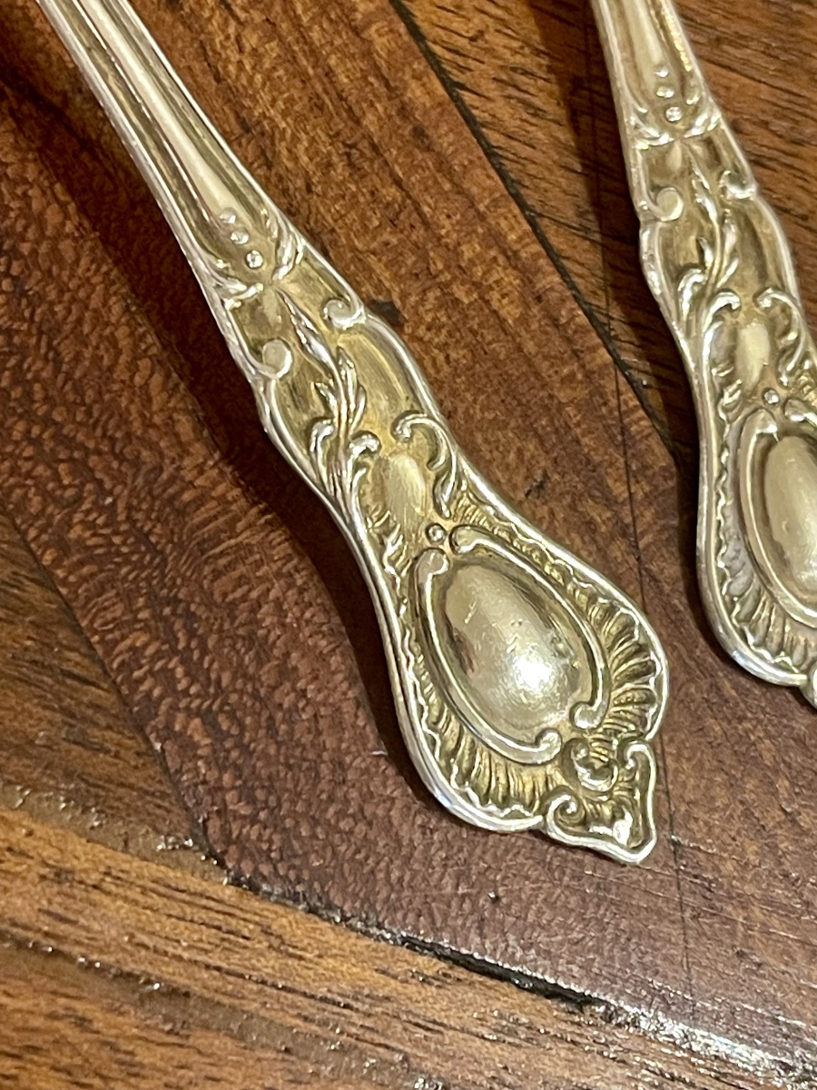 6 Tea Or Coffee Spoons With Sugar Tongs Silver Vermeil Minerve-photo-2