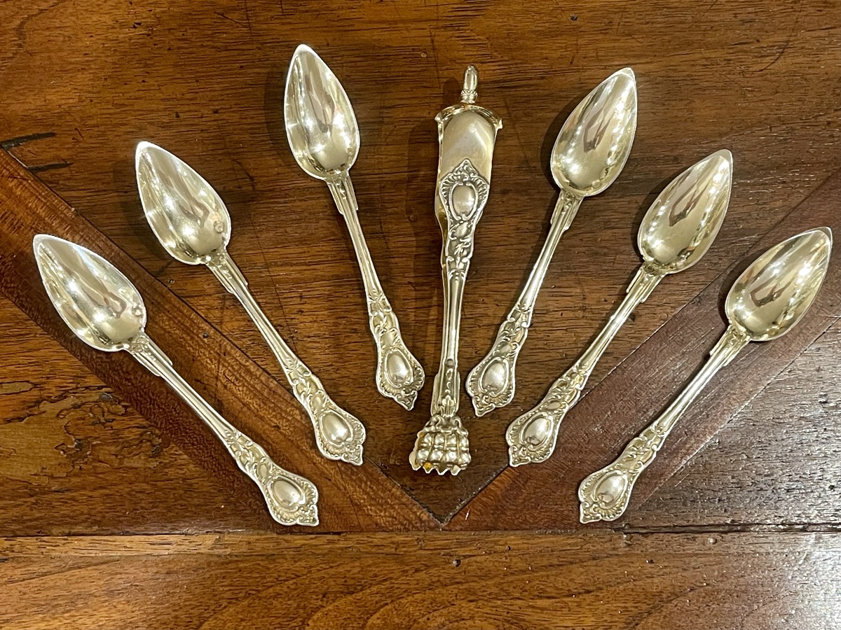 6 Tea Or Coffee Spoons With Sugar Tongs Silver Vermeil Minerve